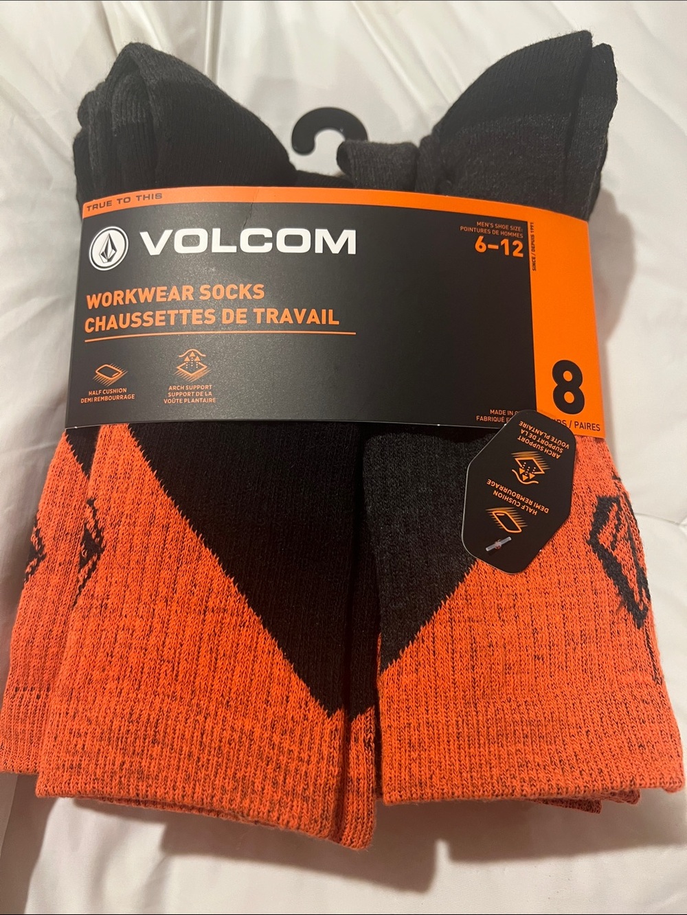 Volcom Men's Workwear Crew Socks in Orange & Black - 8 Pack